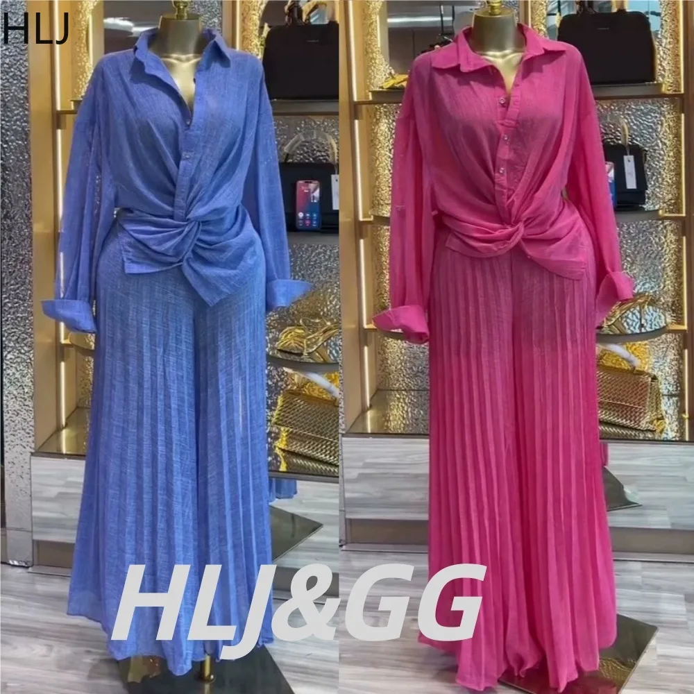 HLJ Women 2 Piece Outfit Lapel Collar Twist Waist Long Sleeve Top and Wide-leg Pants Set Elegant Office Party Formal Pant Suit