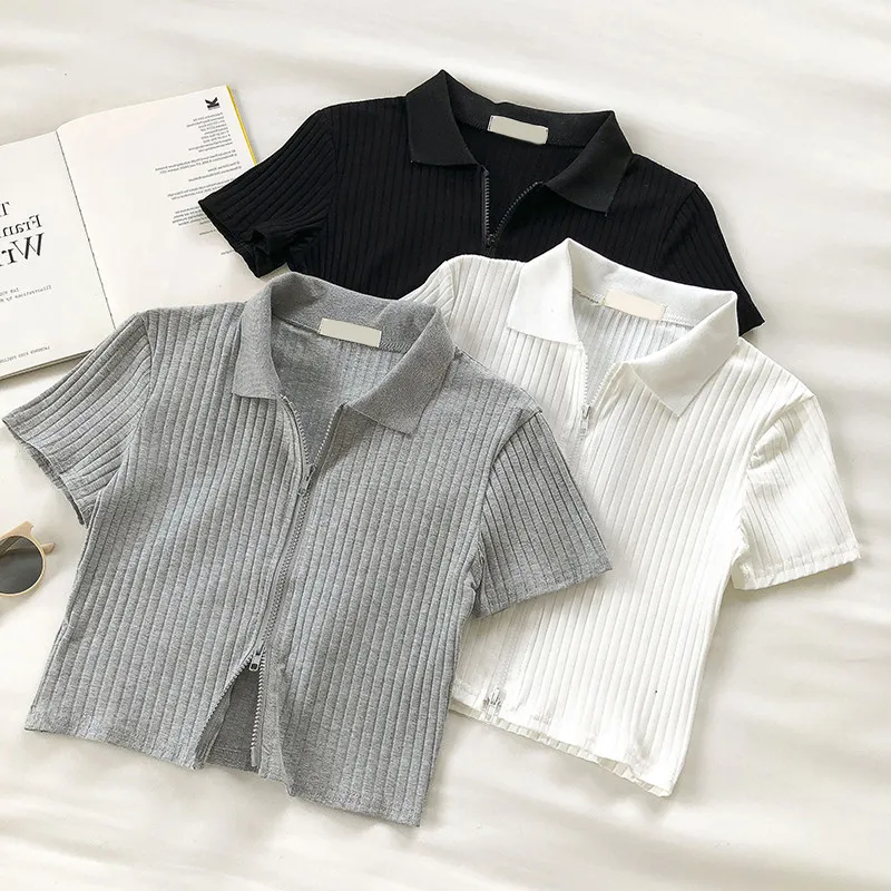 2026 Popular Ins Short Lapel Polo Shirt Women Summer Short Sleeve Double Zipper Open T shirt Stylish Youthful Versatile Slim Top