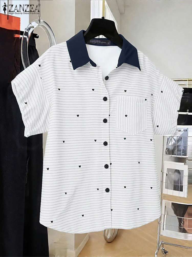 Casual Shirts Women Fashion Lapel Neck Tops 2025 ZANZEA Elegant Dot Printed Blouse Vintage Printed Short Sleeve Tunic Oversized
