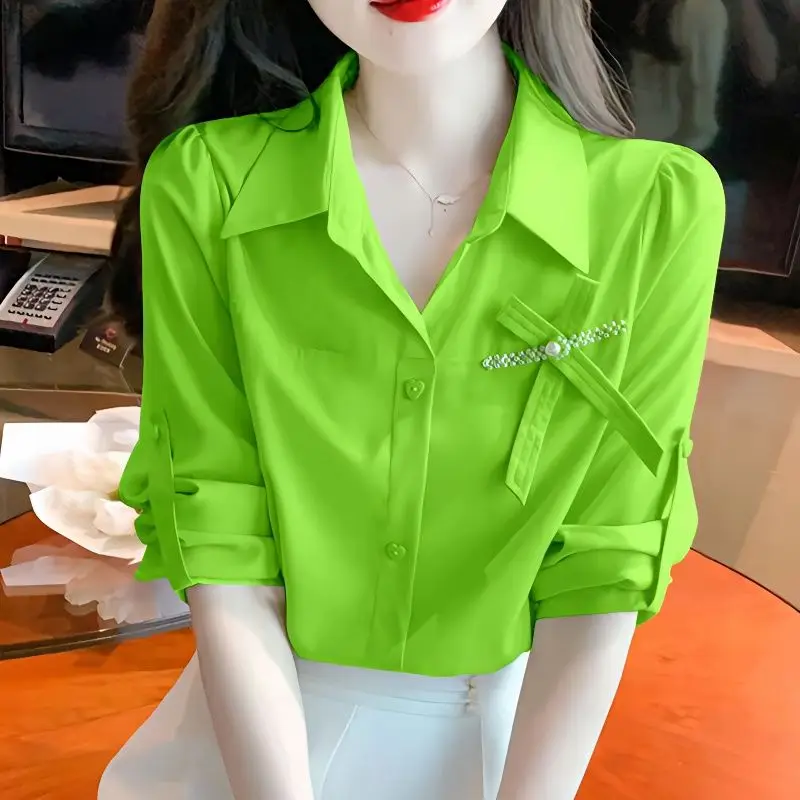 Fashion Lapel Button Short Sleeve All-match Shirt Women's Clothing Summer New Casual Tops Loose Beading Bow Sweet Blouse