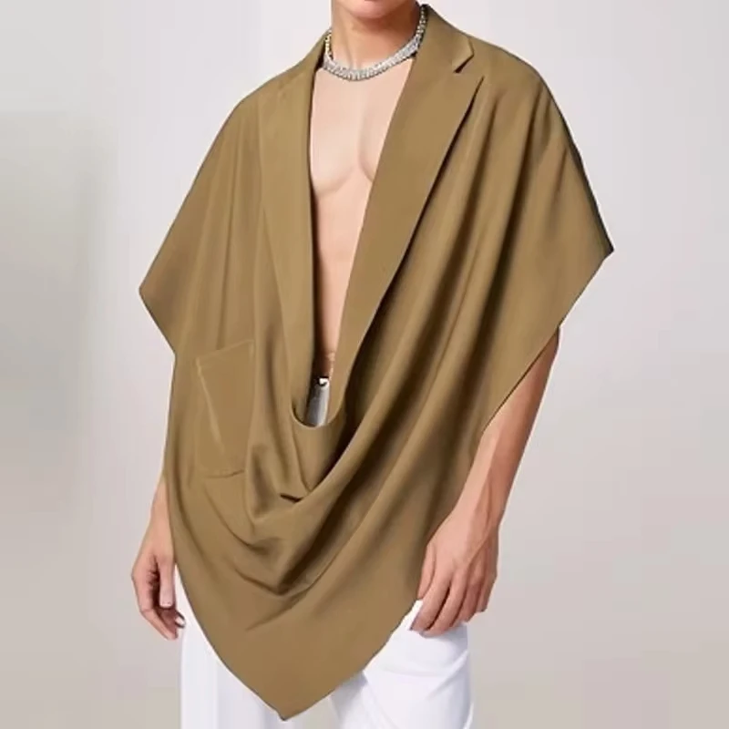 Fashion New Men Vests Solid Lapel Sleeveless Casual Tank Tops Sexy V Neck Irregular Cloak Loose Streetwear New Men Clothing