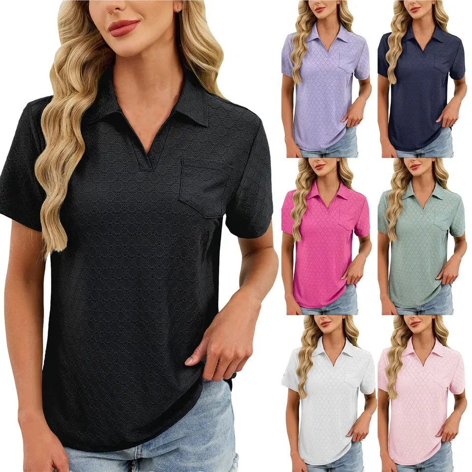 New Fashion V-Neck Blouses Women Summer Short-Sleeve Lapel Tunic Tops Ladies Casual Pullover Female Solid Color Daily Blusas