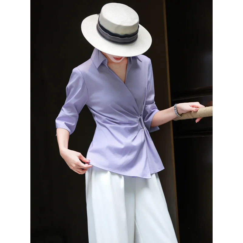 MEXCOCO 2026 New Summer Business Casual Lapel Wrap V Neck Three Quarter Side Twist Ruched Waist Slim Fit Shirt Blouse Top