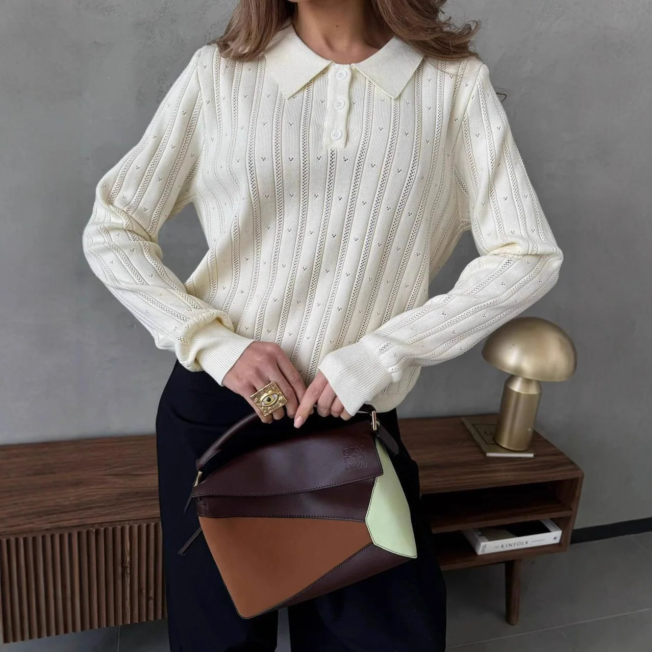 2026 Jacquard Four Seasons Loose Polo Shirt Lapel Long Sleeve Knitted Sweater Top Women's Interior