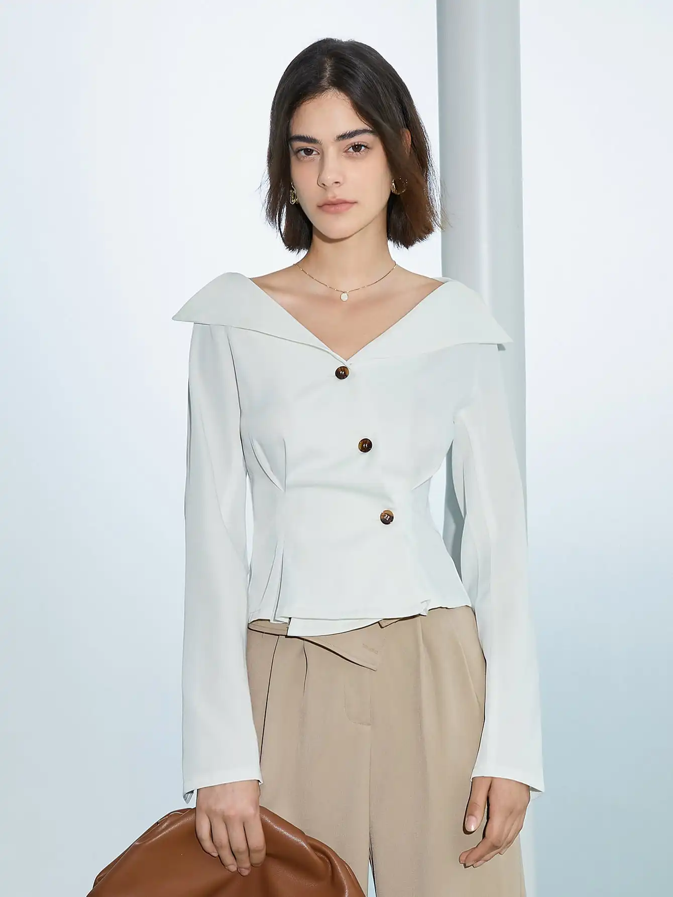 Fall shirt Women's design lapel waistline V-neck long sleeve shirt commuter French top