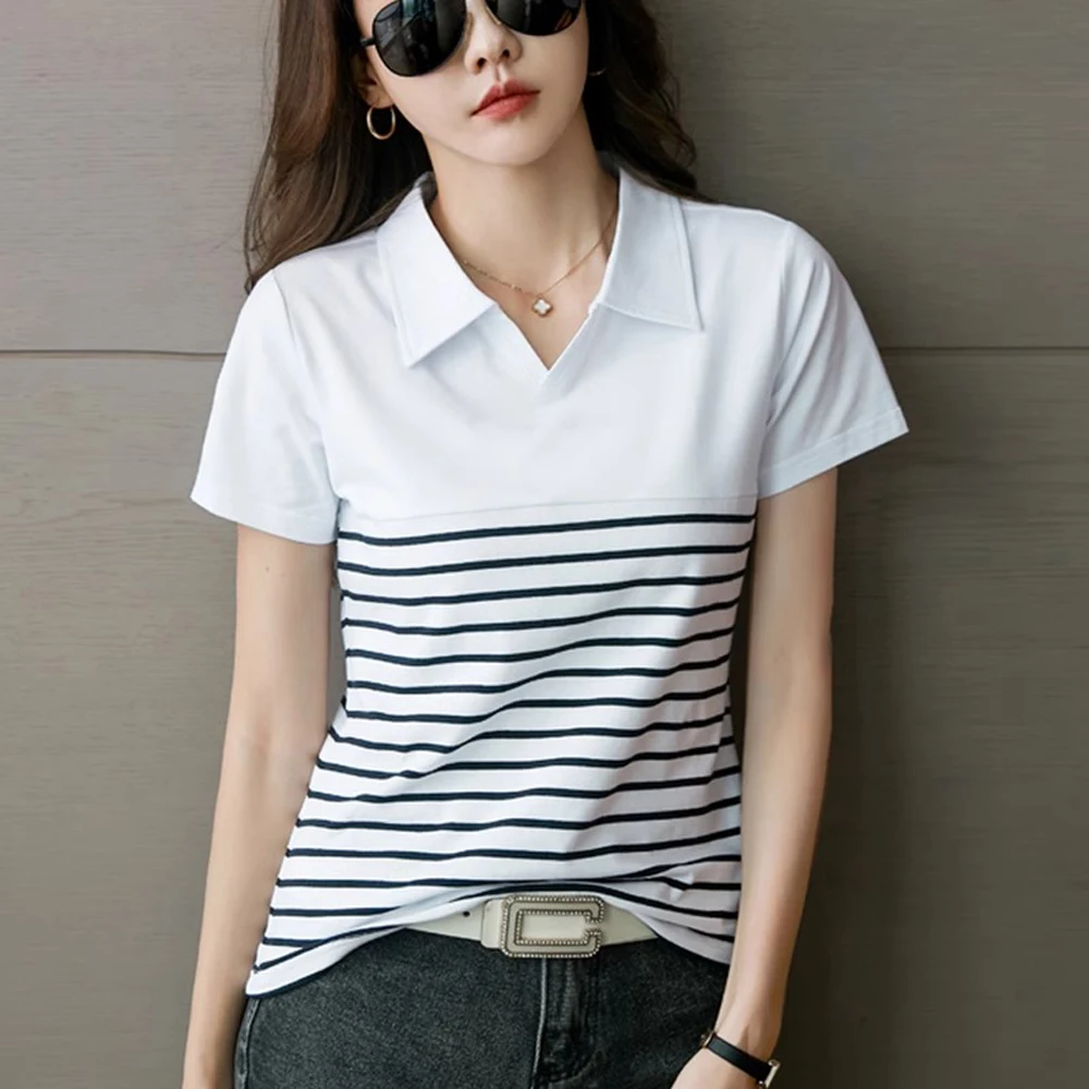 Cotton short sleeved women's summer new fashionable plus size V-neck casual polo shirt white striped lapel top