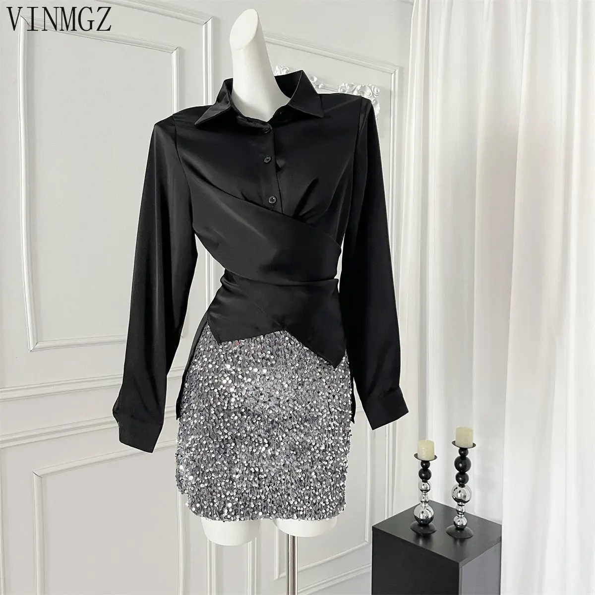 lapel irregular long-sleeved shirt women's early autumn design sense cross waist fold chic top tide