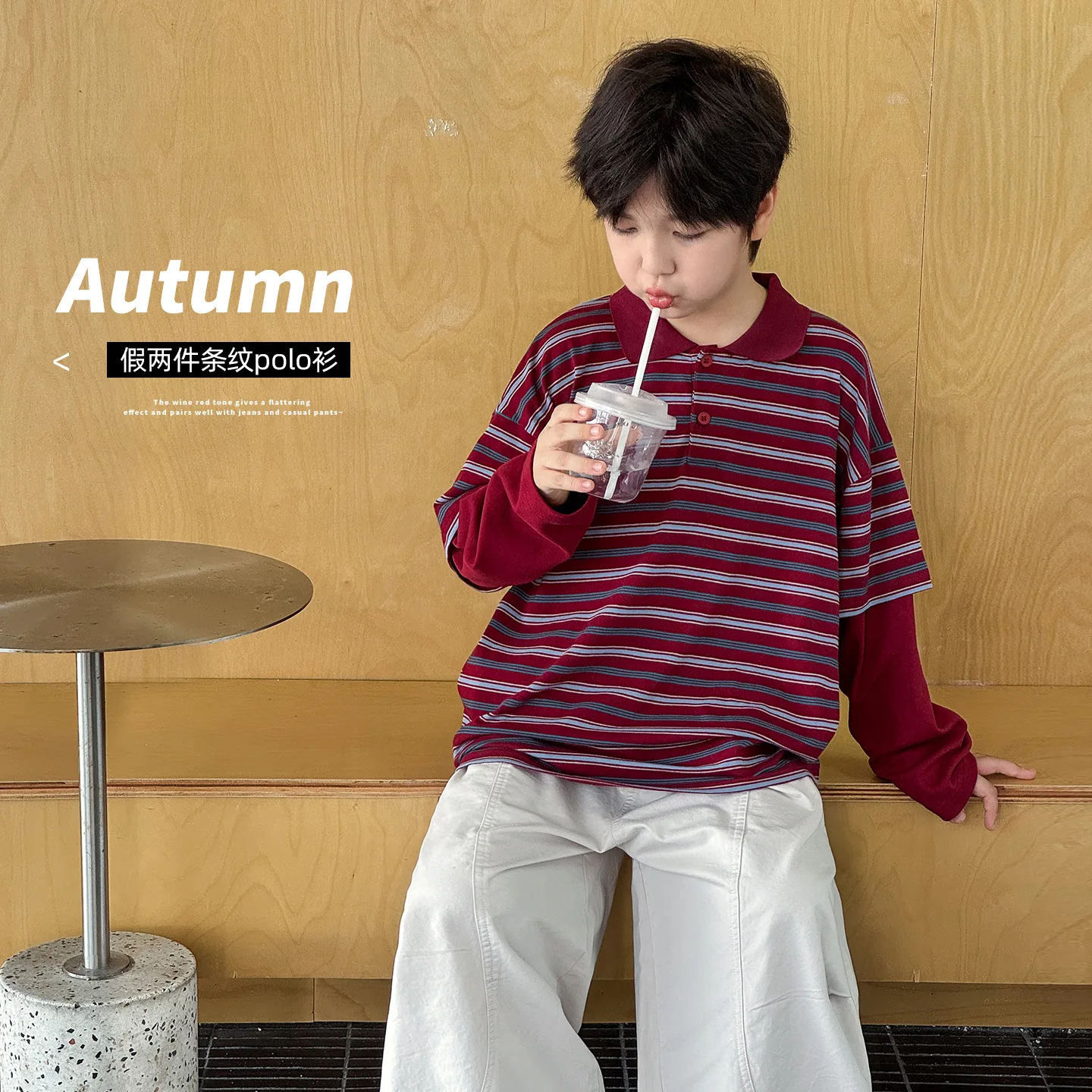 Boys' Top 2026 Autumn and Winter New Children's Wear Korean Style Boys and Girls Foreign Style Lapel Fake Two Striped T-shirts