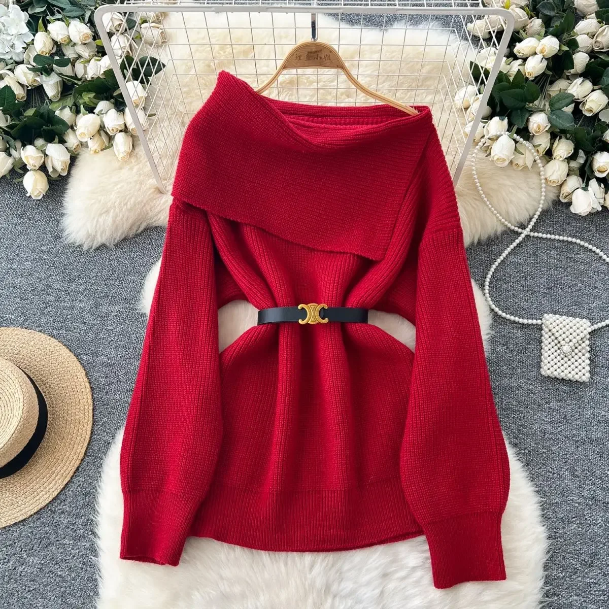 High-end Knit Sweater Autumn Belt One-shoulder Lapel Women Coat Chic Slim Coat Knit Top Design Streetwear Long Sleeve Pullovers