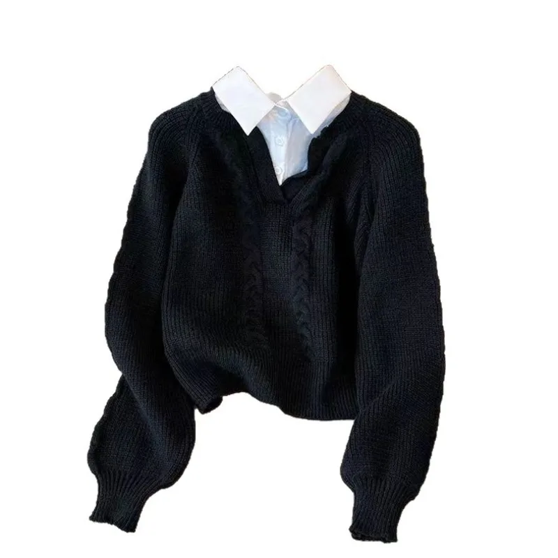 Sweater Autumn and Winter Splicing Women's Shirt Design Sense Lapel Loose Top Knitted Sweater Fake Two Pieces