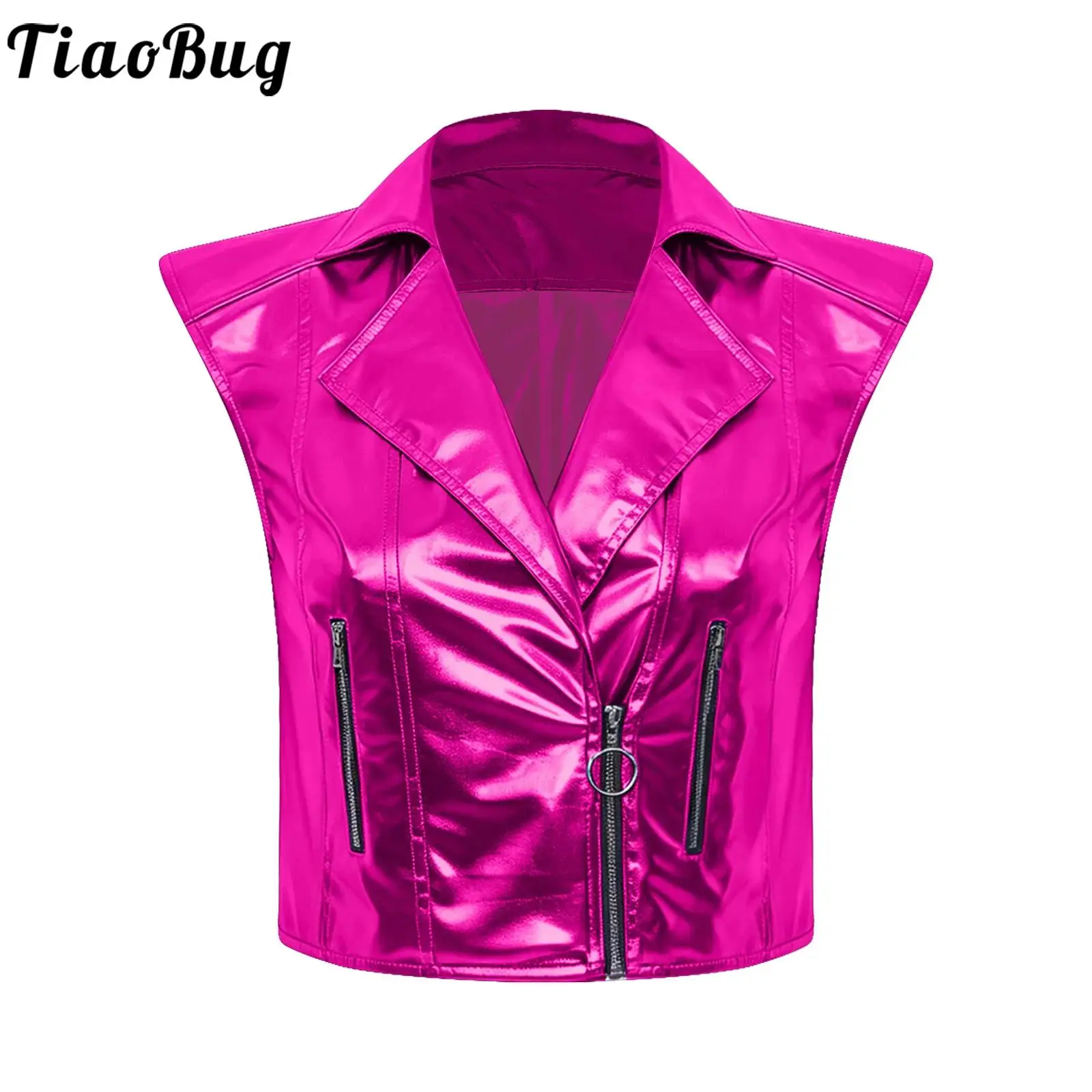Women Metallic Club Vest Rave Party Costume Punk Jazz Motorcycle Tank Top Notched Lapel V Neck Front Zipper Sleeveless Waistcoat
