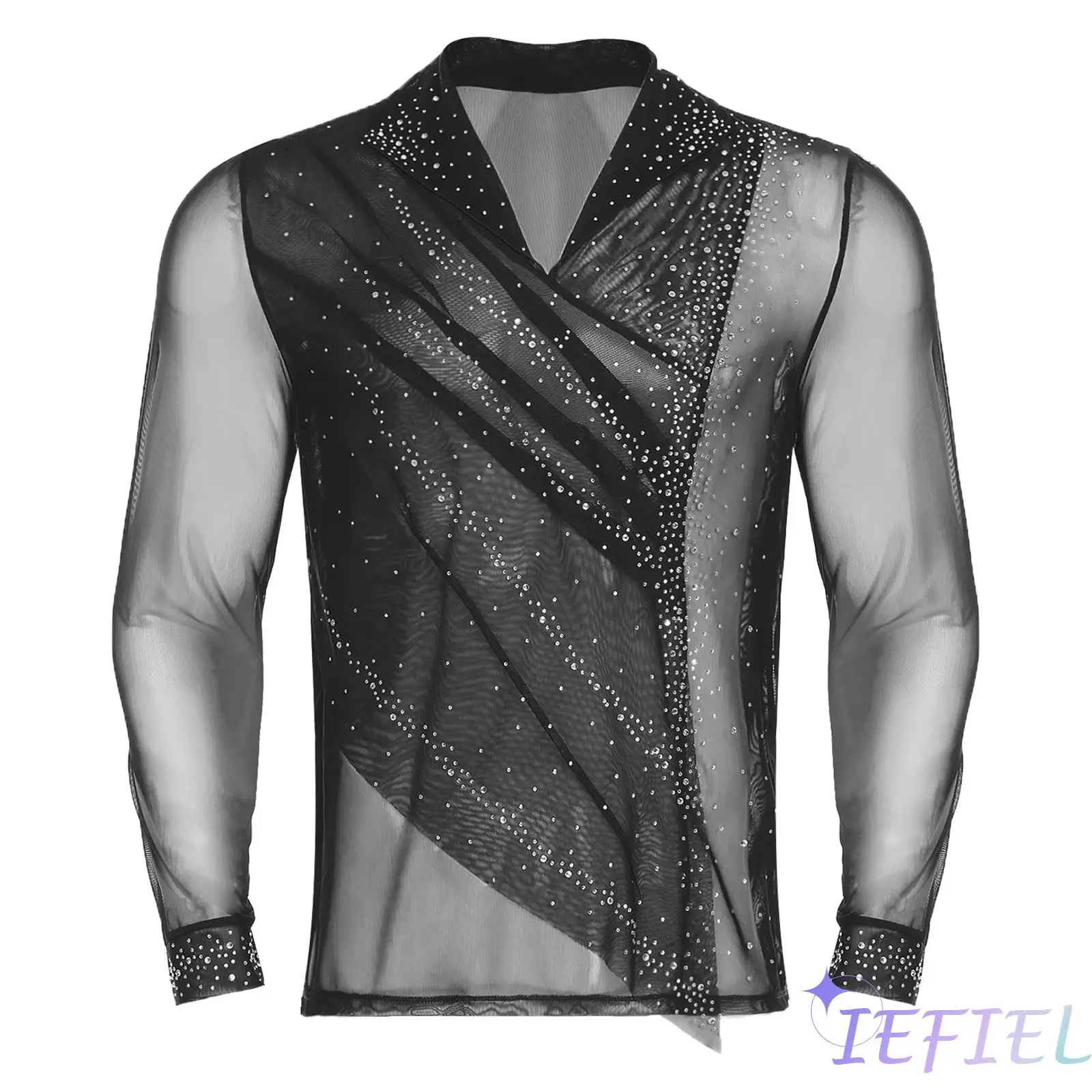 Mens Figure Skating Sheer Mesh Tops Glittery Rhinestones Lapel V Neck Long Sleeve Pullover Shirt for Ballet Gymnastics Show