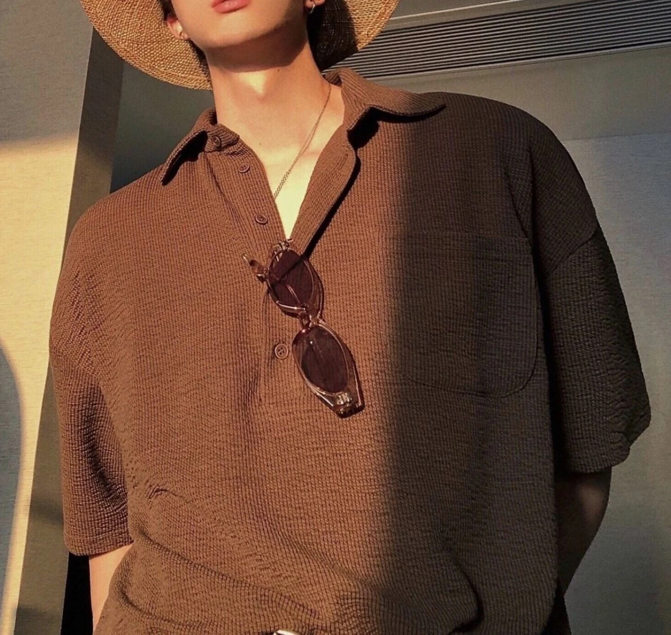 2026 Men's Summer Solid Color Waffle POLO Neck Short Sleeve T-Shirt Trend Loose Casual Lapel Top