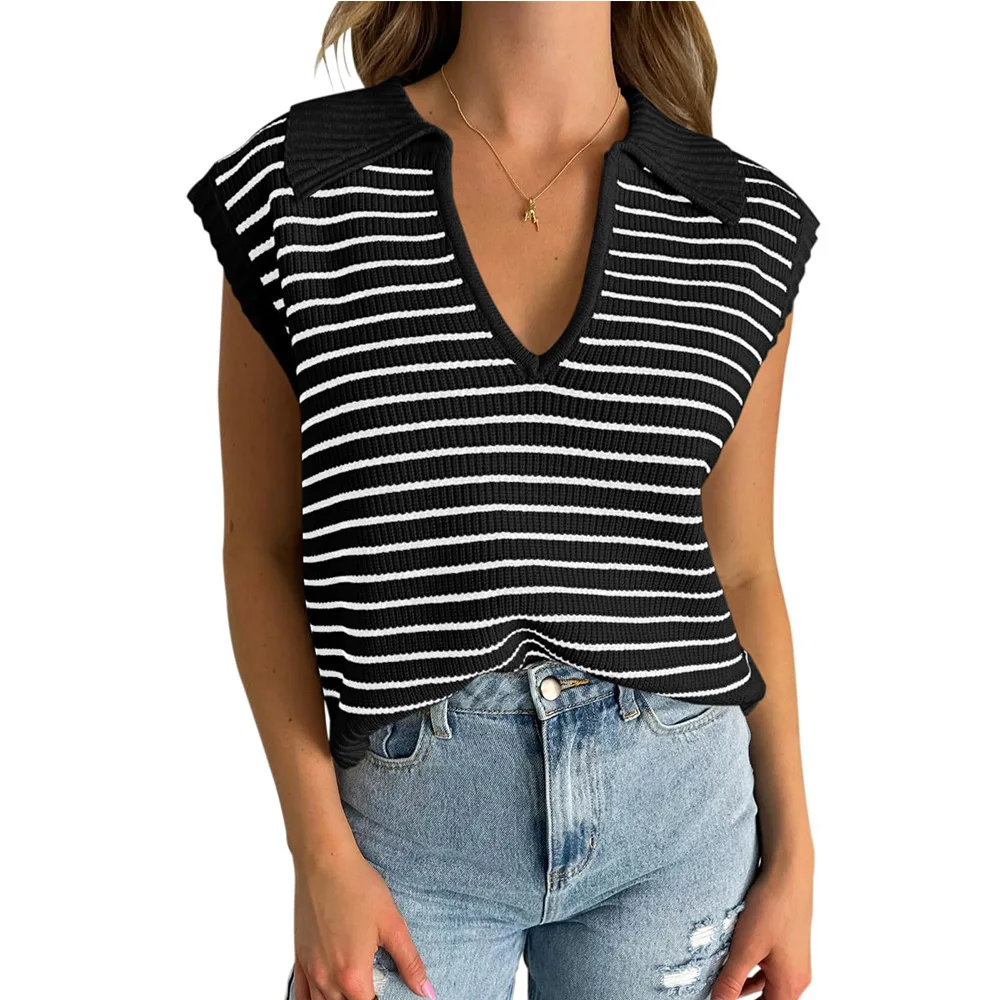 Summer Women's T-shirt Knitted Striped Lapel Fashion Sweater Pullover Elegant Fashion Top Korean Short Sleeve Tees