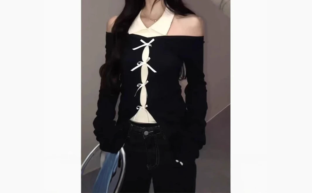 Irregular Lapel T-shirt Women's Autumn and Winter 2026 New Fake Two-piece Slim-fit Waist Knitted Sweater Top