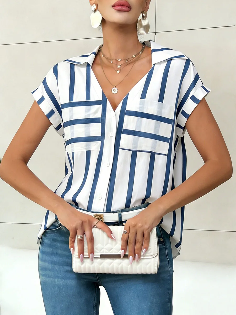 Onecozyday Women's Vertical Stripe Cap Sleeve T-Shirt Lapel Collar V Neck Button Front Double Chest Pocket Loose Casual Blouse