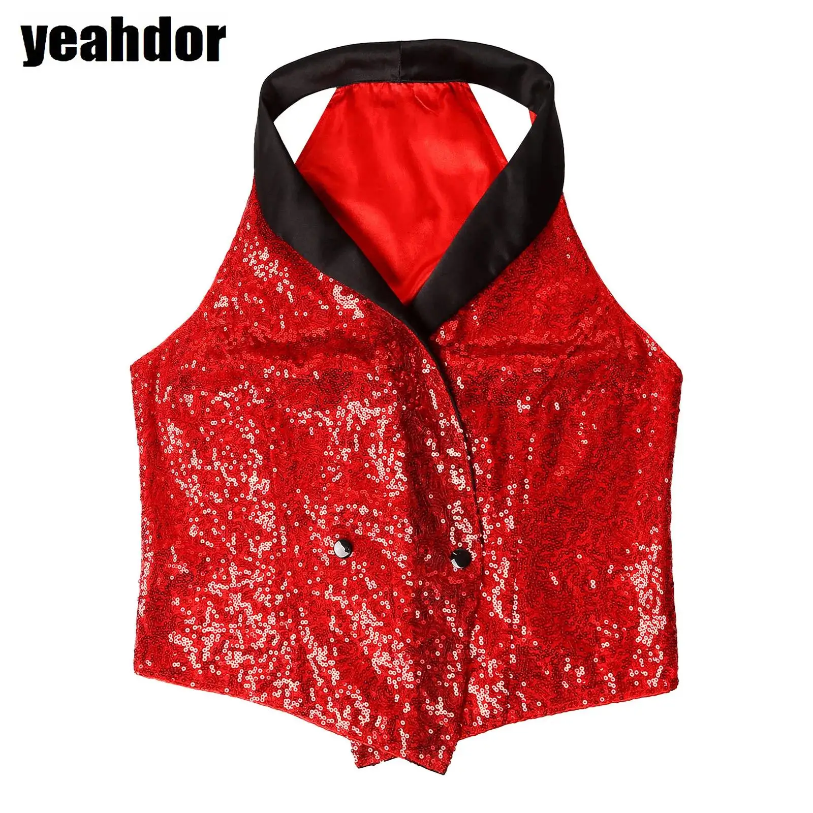 Women Glitter Sequin Vest V-neck Lapel Sleeveless Sparkly Waistcoat Blouse Dressy Top for Evening Banquet Cocktail Party Costume