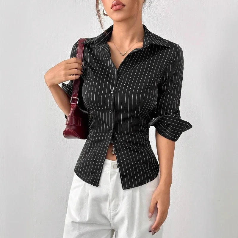 Striped Casual Slim Button Single Breasted T Shirt Long Sleeve Lapel Polo Neck Office Lady Commuter Tops Women Summer Vintage