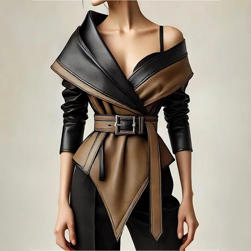 Women's Leather Top Off Shoulder Contrast Color Lapel Long Sleeve Belted Waist Irregular Hem Party Evening Outerwear Coat