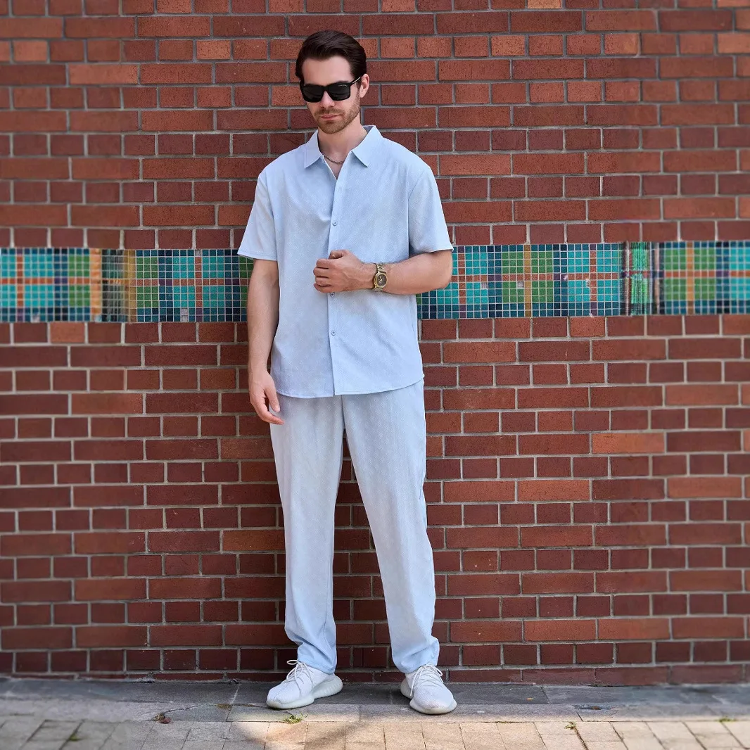 Summer men's new style back palace pattern flower print short-sleeved solid color outdoor casual shirt and long pants set