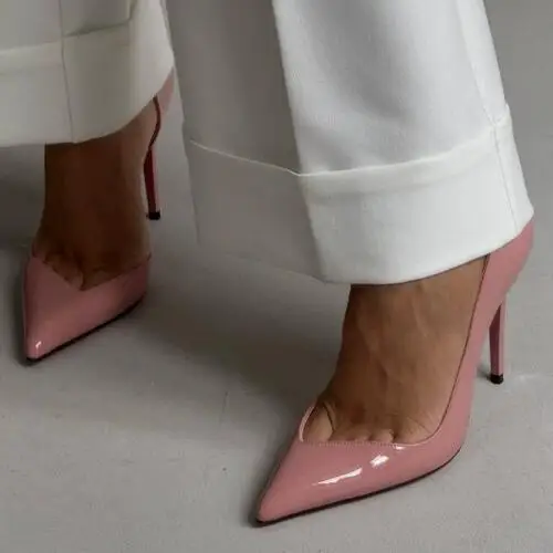 Pink Black Red White Solid Patent Leather V Shape Shallow Slip On Pointed Toe Stiletto Pumps Women Sexy Thin Heels Party Shoes
