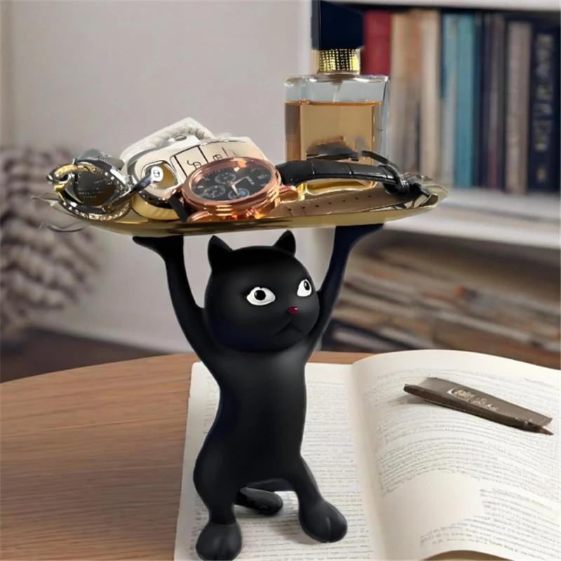 Creative Sand Sculpture Cute black Cat Entrance Key Holder Tray Premium Resin Decorative Home Organizer for Desktop Ideal Gifts