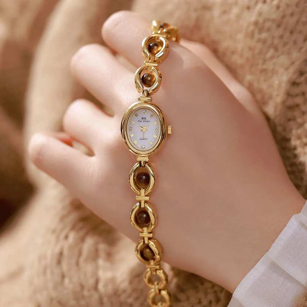 Women’s Luxury Silver Natural Ore Quartz Watch Small Oval Dial Vintage Bracelet Wristwatch Elegant Ladies Dress Clock