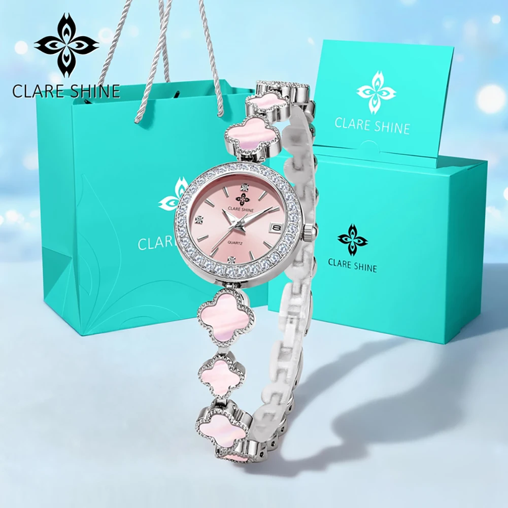 CLARE SHINE 7701 Elegant Luxury Women Quartz Wristwatch Waterproof Rhinestone Bezel Elegant Ladies Dress Watch Female Gift Watch