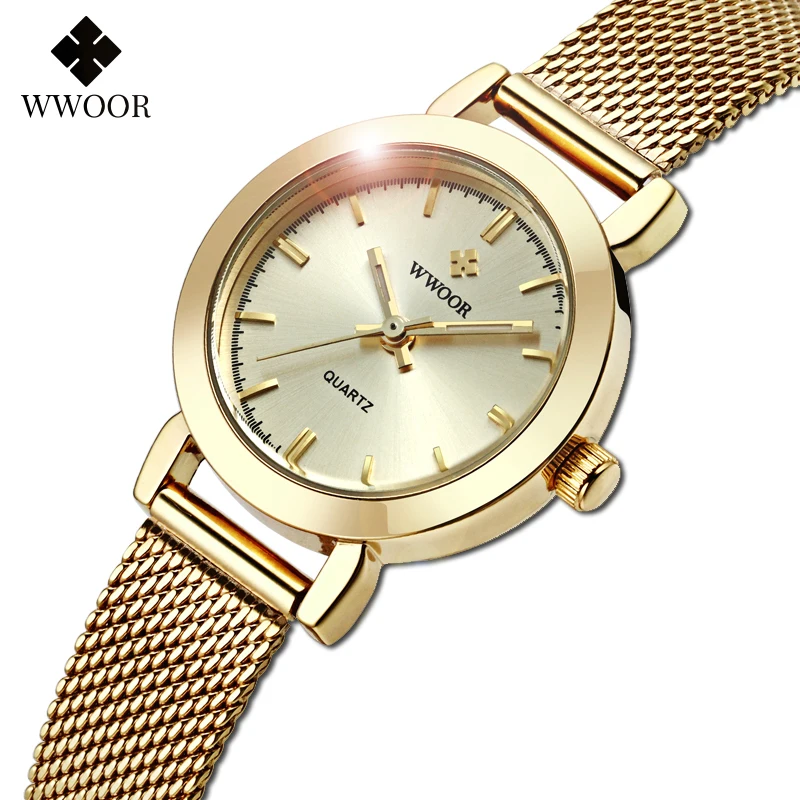 WWOOR Ladies Watches 2024 Top Brand Luxury Stainless Steel Mesh Band Gold Dress Watch Women Fashion Small Wristwatch Reloj Mujer