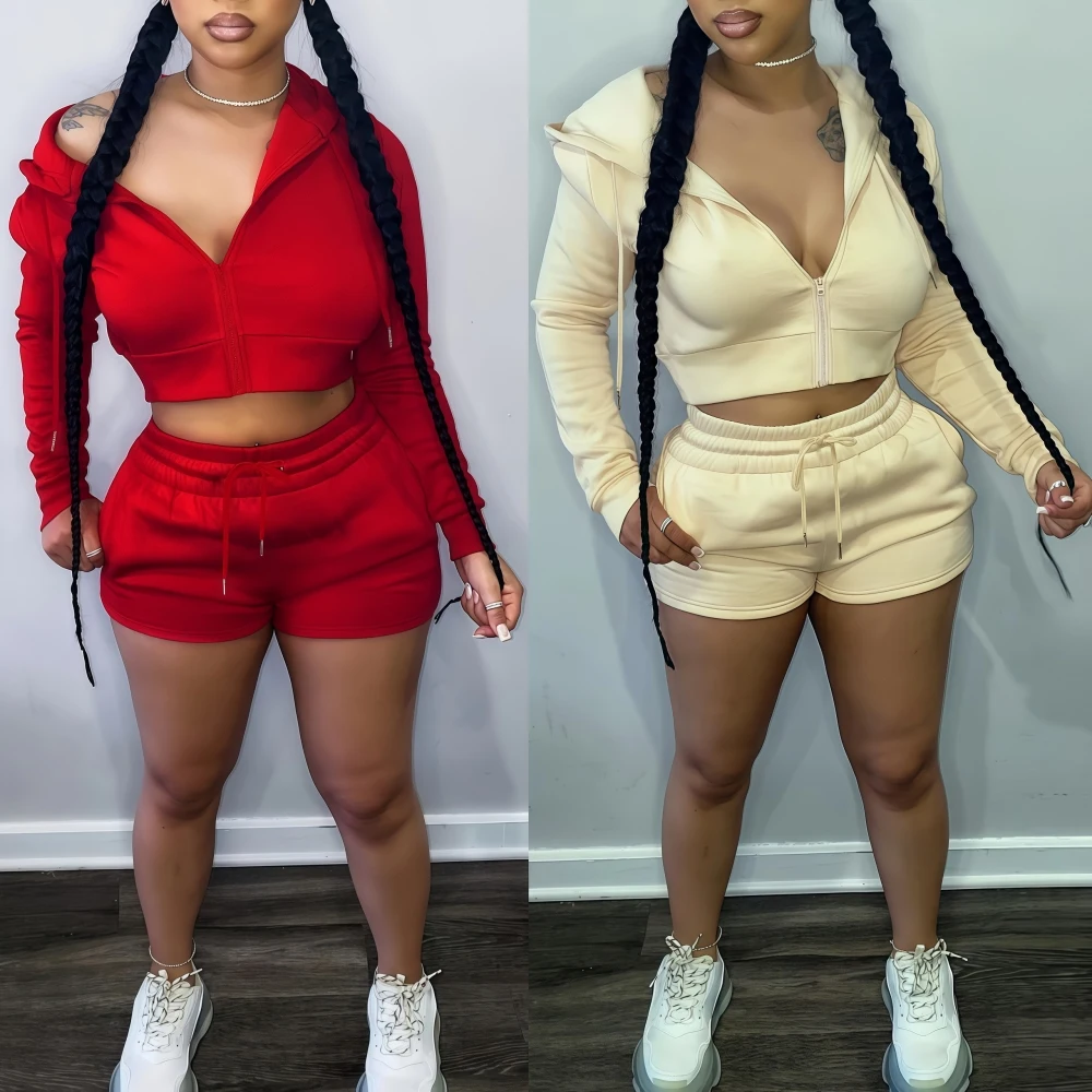 FAGADOER 2025 New Casual Woman 2 Piece Set Outfit Solid Long Sleeve Zip Hoodies Top and Shorts Suits Female Streetwear Clothing