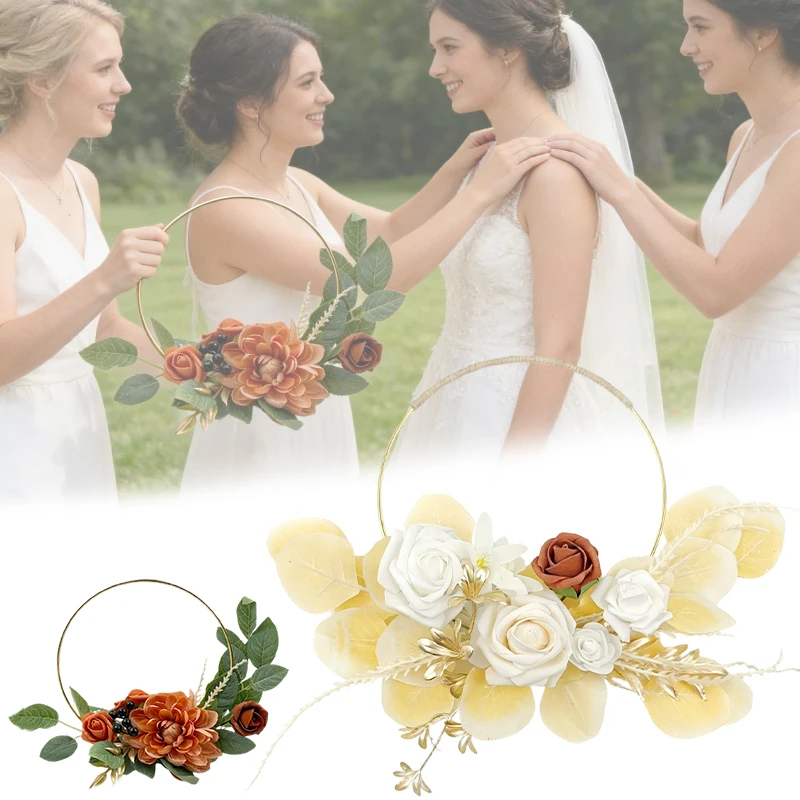 Metal Ring Wreath with Artificial Flowers Hand Tied Bouquet Table Centerpiece for Wall Hanging Wedding Party Home Decor Project