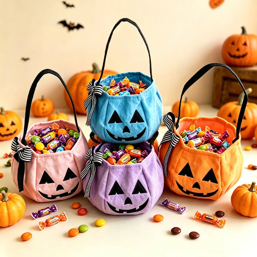 Colorful Halloween Pumpkin Candy Bag Fabric Trick or Treat Bucket Reusable Handheld Storage Pouch Kids Party Cosplay Decor Gift