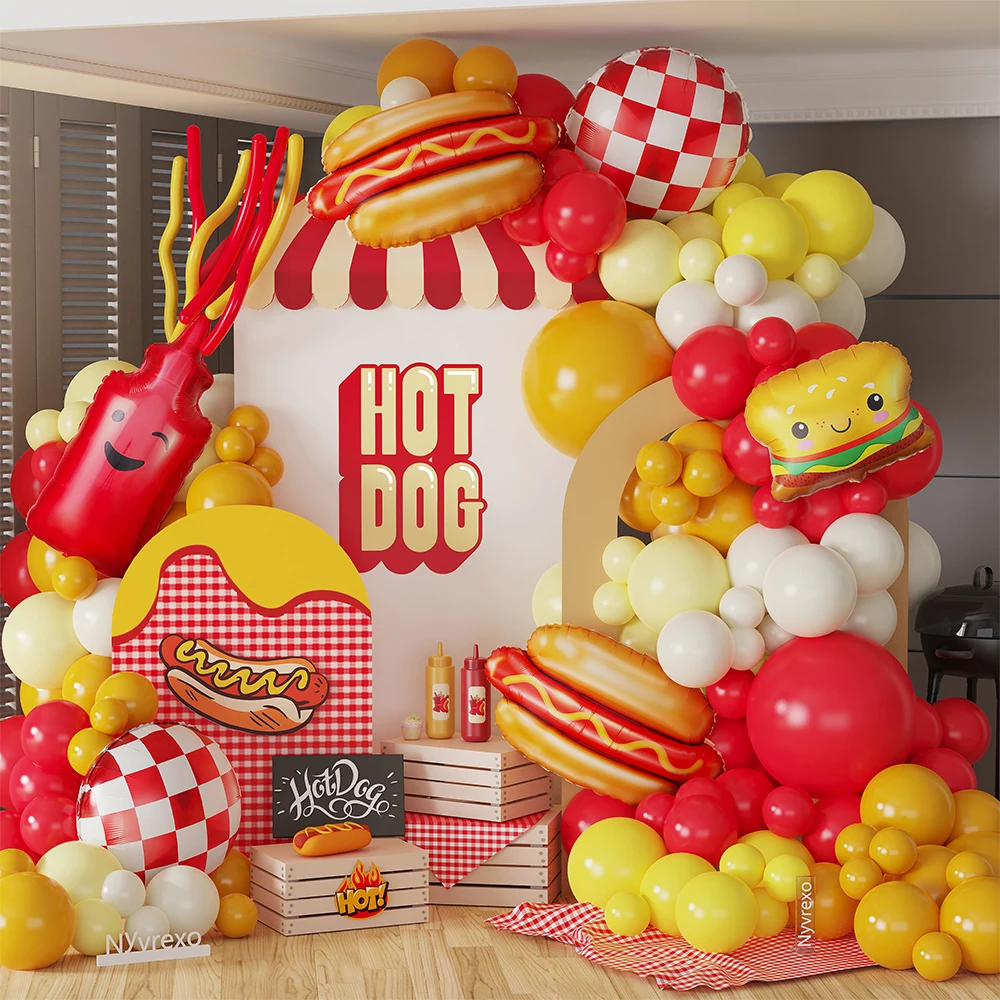 132Pcs Hot Dog Balloon Garland Kit Red Yellow Hamburger Foil Balloon BBQ Picnic Gender Reveal Baby Shower Birthday Party Decor