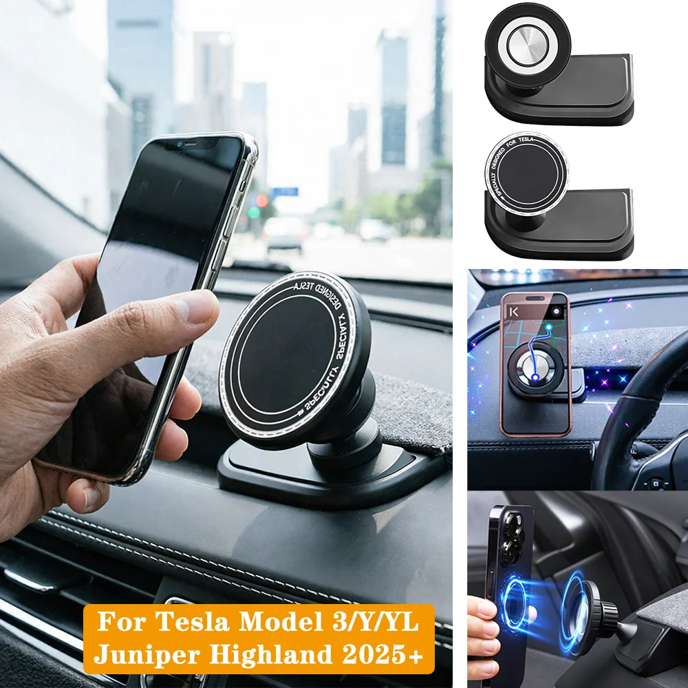 For Tesla Model 3/Y/YL Juniper Highland 2025 2026 Base Magnetic Phone Holder Dashboard Rotatable Bracket Mount Car Accessories