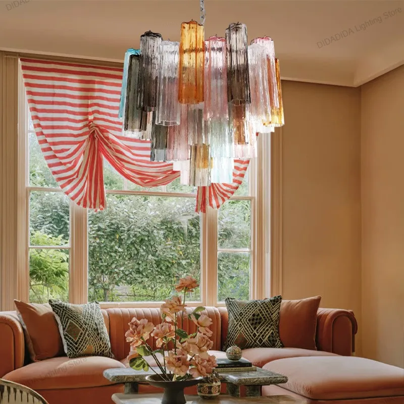 Modern Nordic Pink Murano Glass Lustre Chandelier, Star Tube Frosted Pendant Lamp for Dining Room, Decor for Ceilings