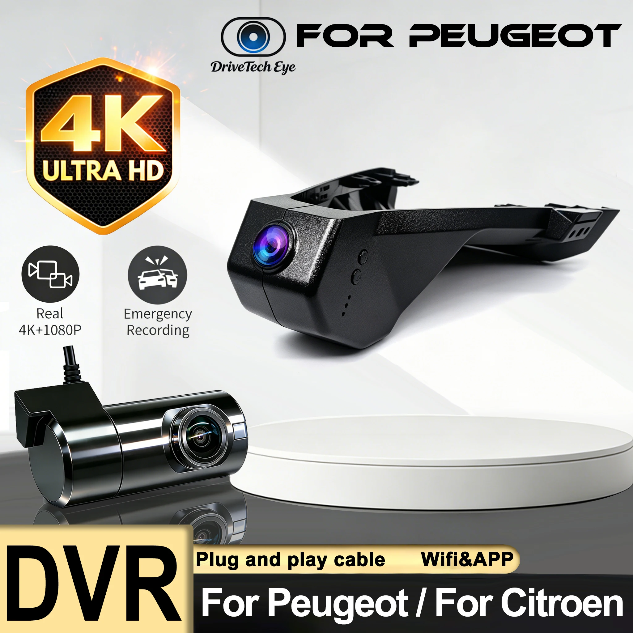 4K HD 2160P Plug And Play Dashcam Wifi Car DVR Video Recorder For Peugeot 3008 Allure 4008 5008 GT DS7 CROSSBACK Citroen C5 X7