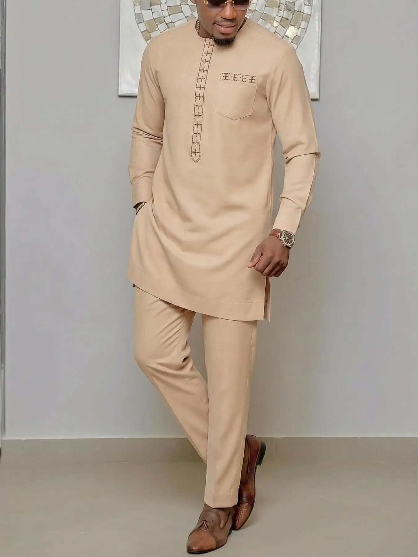 African Middle Eastern Men's Traditional Dress Suit, Khaki Embroidered Crew Neck Long Top & Trousers, Banquet Wedding Part