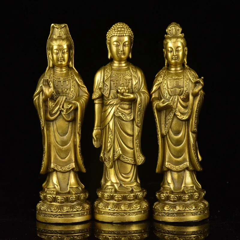 Brass Western Three Saints Guanyin Bodhisattva Mahasthamaprapta Amitabha Buddha Statue Ornament for Home Worship and Craft Decor