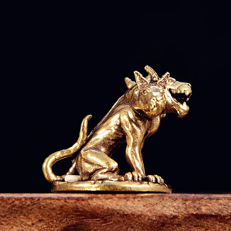 Vintage Brass Three Headed Myth Animal Figurine Three Head Wolf Dog Desktop Ornament Home Office Craft Accessory
