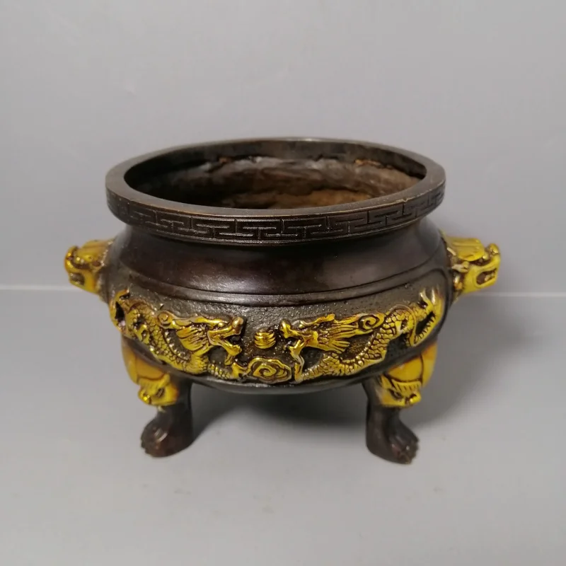 Gilt copper three-legged incense burner two dragons playing with pearls, home decoration, creative gift, craft ornament