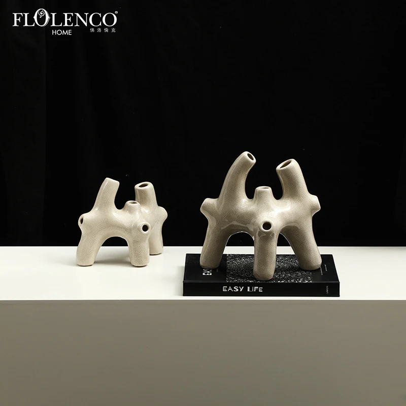 Nordic Modern Abstract Art Three-Legged Coral Ceramic Ornament for Home and Hotel Decoration, Cabinet Craft