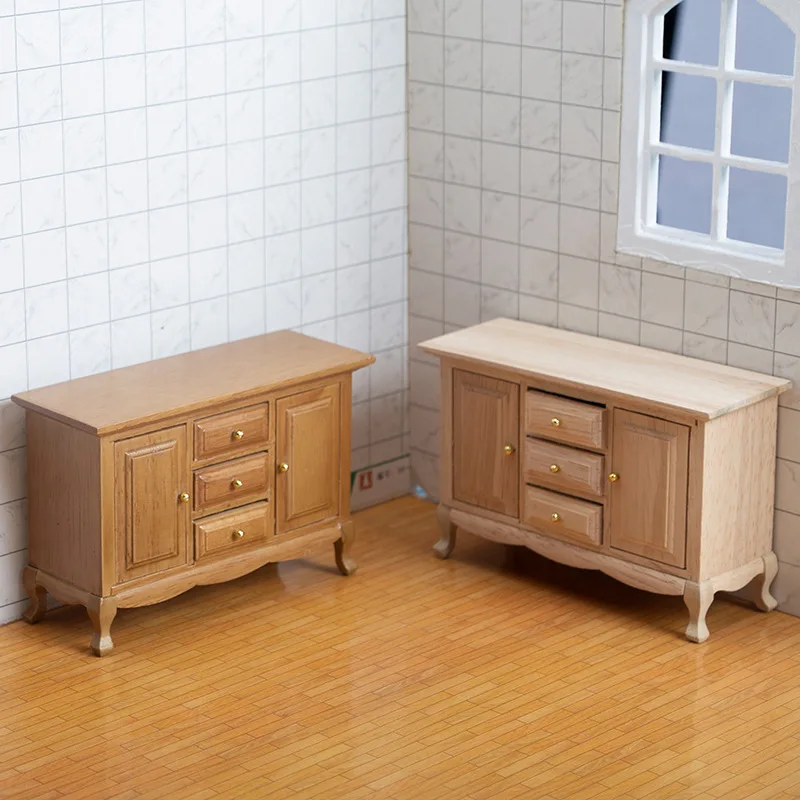 Mini Wooden Cabinet Two Door Three Compartment Cabinet Miniature Craft Model 1:12 Mini Furniture Ornament Home Decoration