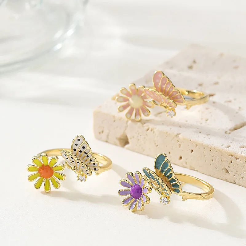 Fashionable and fresh enamel dripping butterfly flower ring for women, non-fading, adjustable, light and luxurious open ring