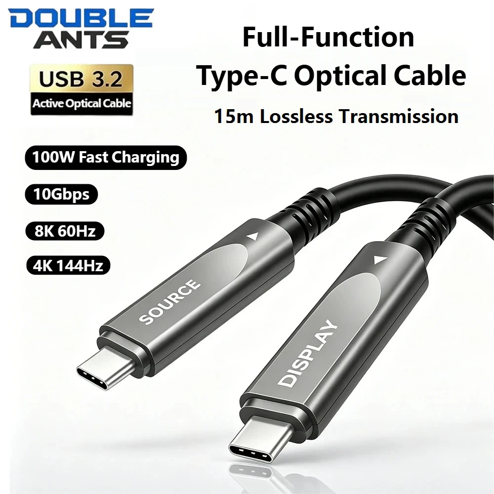 15m Full-Featured USB 3.2 Fiber Video Cable Type-C 8K@60Hz 4K@144Hz USB C to C Active Optical Cable for Display Mirroring Laptop