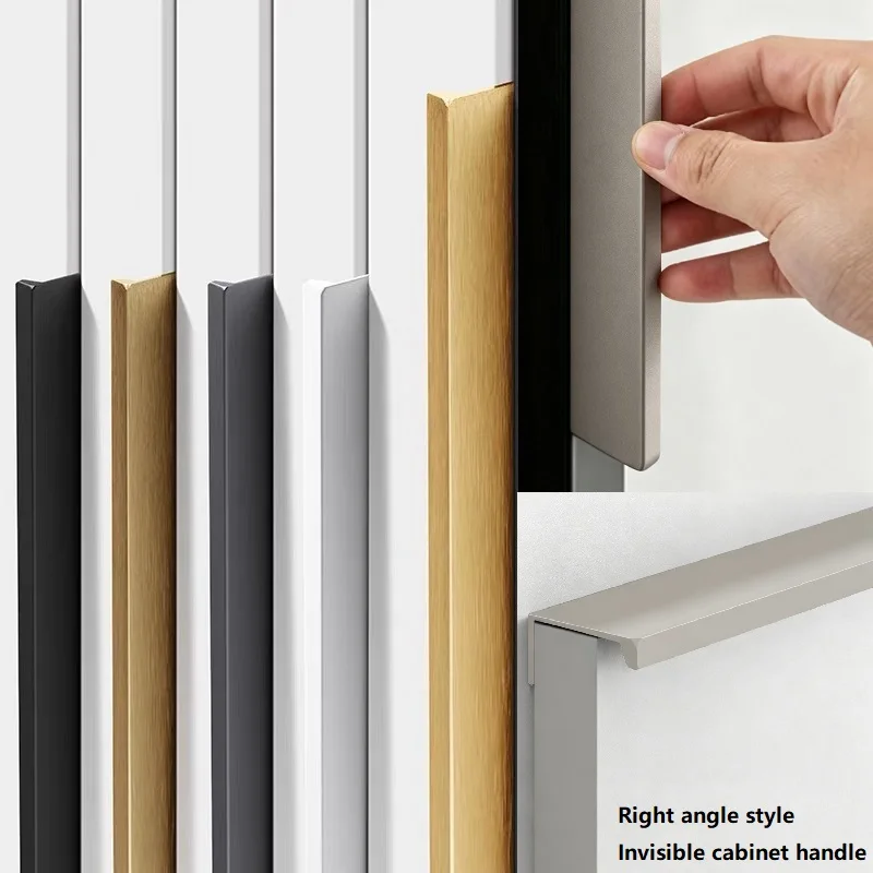 Invisible Cabinet Handles Edge Mounted Right Angle Aluminum Drawer Pulls Minimalist 80-1200mm for Wardrobe Dresser Kitchen