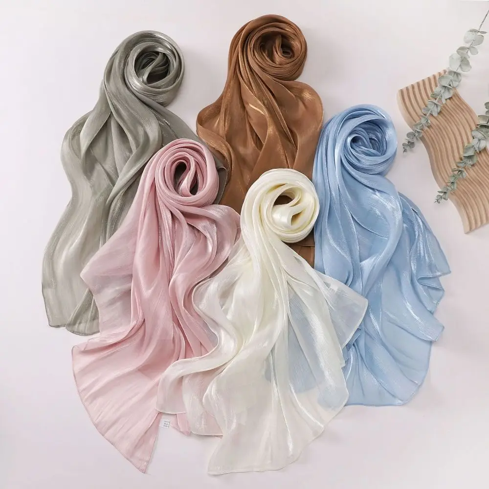 High Qulaity Solid Color Silk Scarf Shining Chiffon Chiffon Hijab Veil Soft Long Head Wrap Outdoor Sunscreen Headscarf