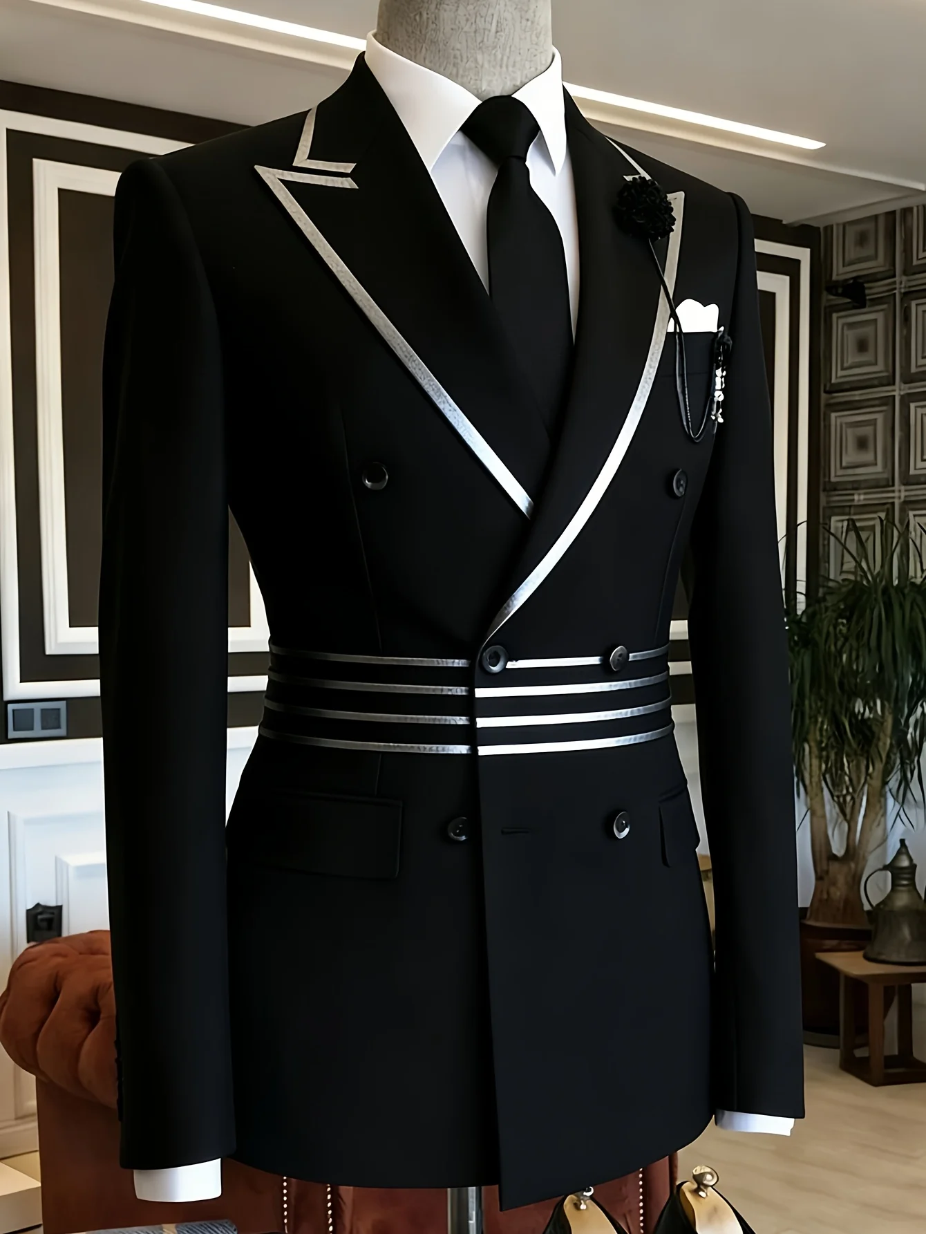 Men Business Blazer Double Breasted Silver Piping Lapel Strip Decor Lapel Flower Brooch Slim Fit Wedding Suit Party Groom Formal