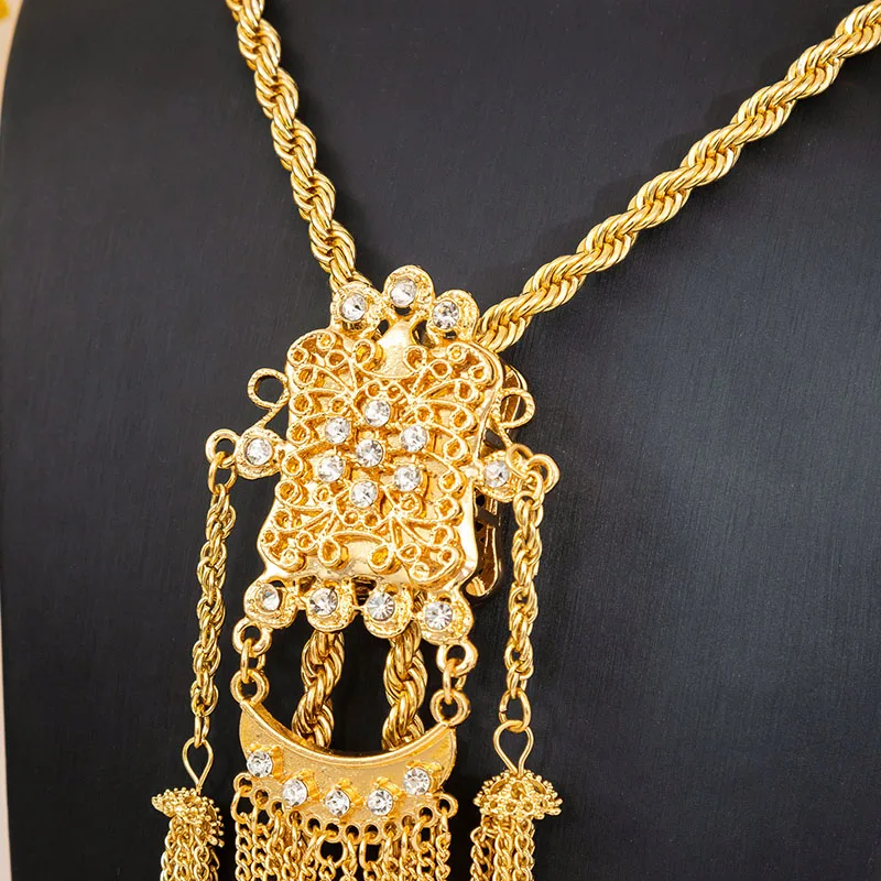 Gold Color Wedding Bride Crystal Necklace with Thick Tassel Sweater Chain for Arab Caftan Jewelry Accessory