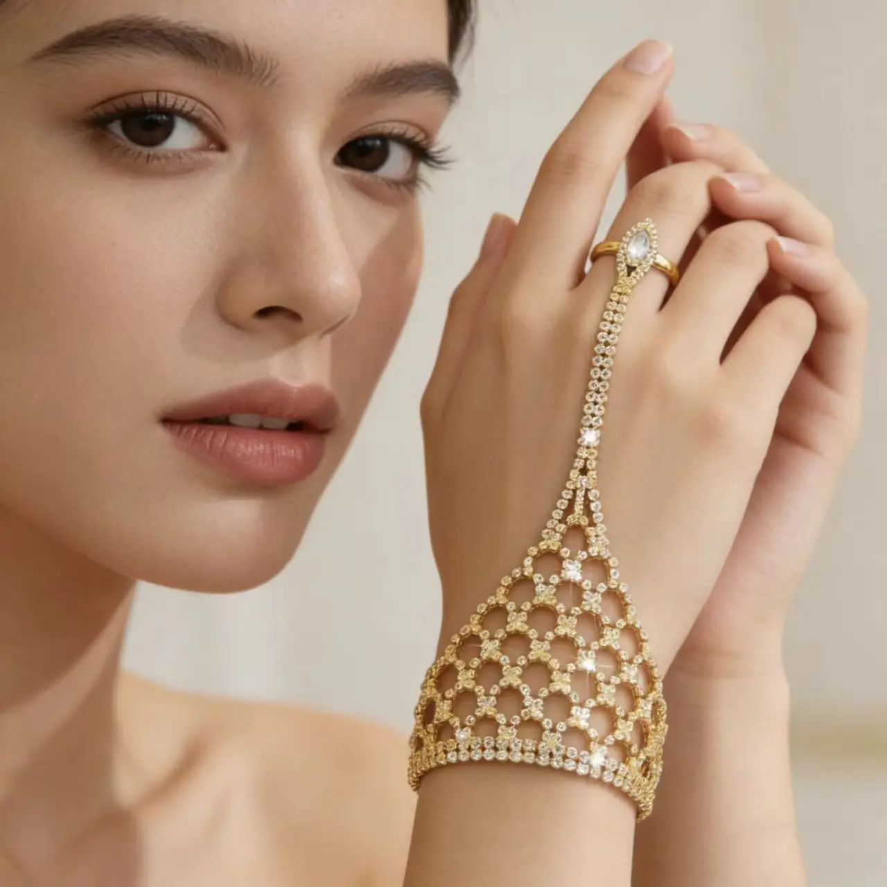 Women's Wedding Banquet Hand Chain with Grid Design And Waterdrop Diamond Embeddings Finger Interlocking Back Bracelet Accessory