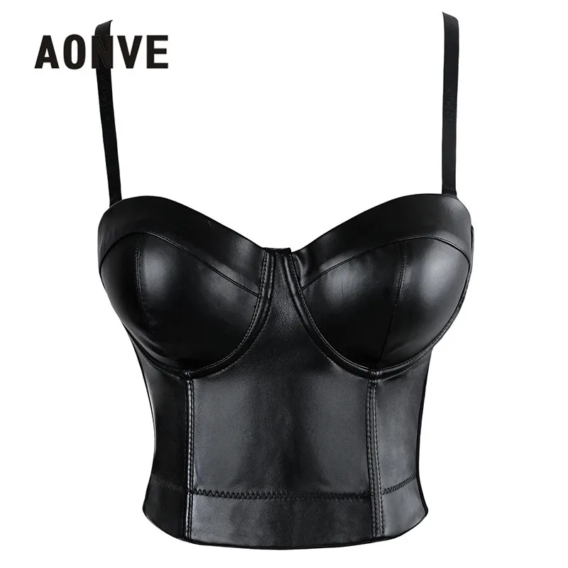 AONVE Women Steampunk Corset Black Gothic Bustiers Faux Leather Tank Tops Bodice In Underwire Cup Outfits Corsage Plus Size